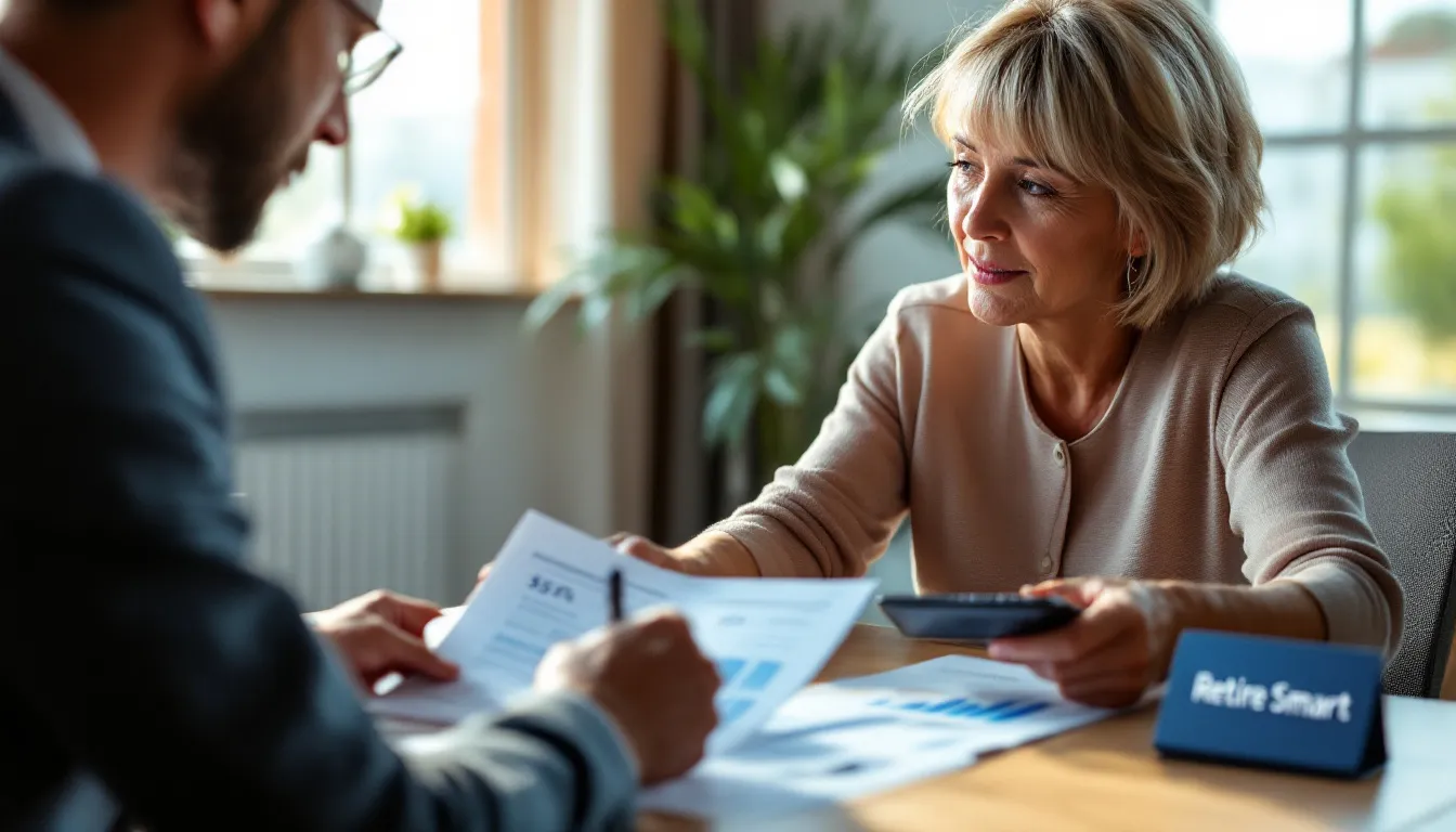 Woman and man reviewing financial documents and investment charts at a desk in bright office with plants