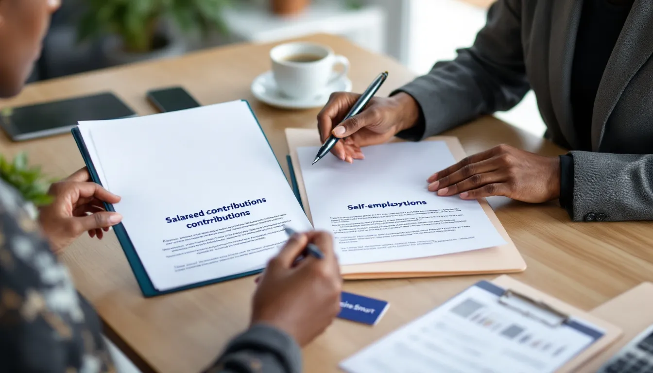 Two people reviewing self-employment financial documents at wooden table, one writing on page marked self-employments