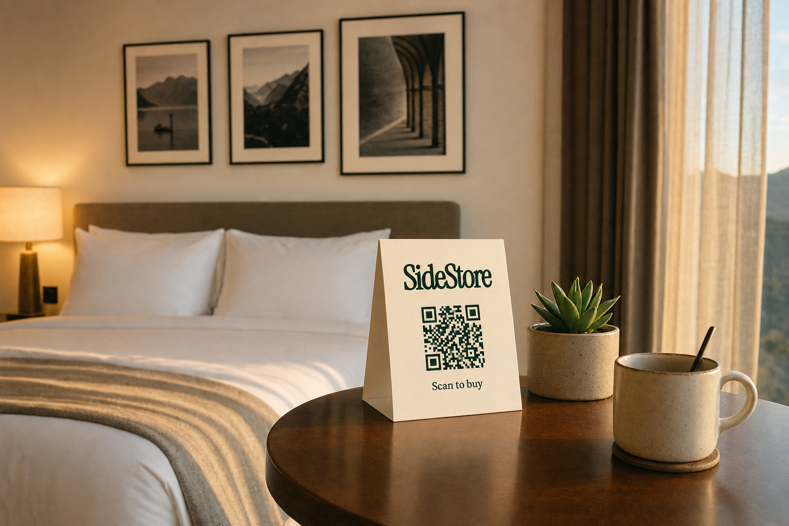 A hotel bedside table displays a tent card with 