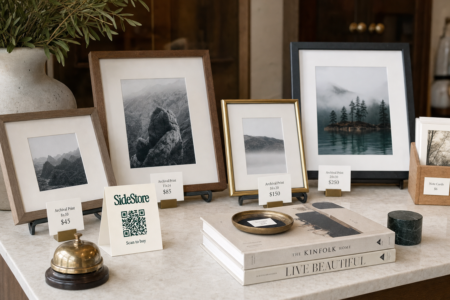 A retail display on a light marble counter features framed black and white landscape photographs with price tags, a brass bell, stacked book