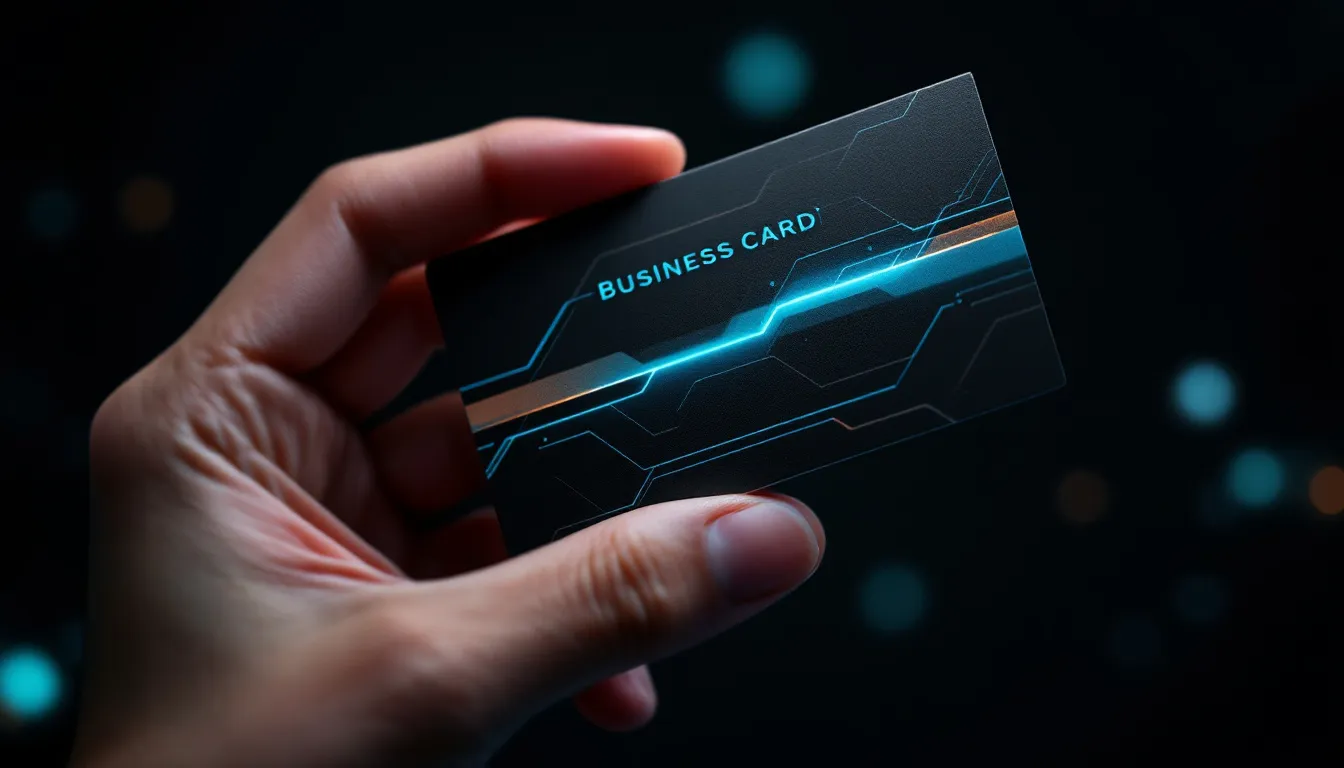 A hand holding a black business card with cyan glowing circuit lines against a dark background