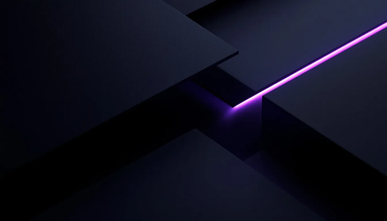 A bright purple neon line runs diagonally across dark geometric shapes