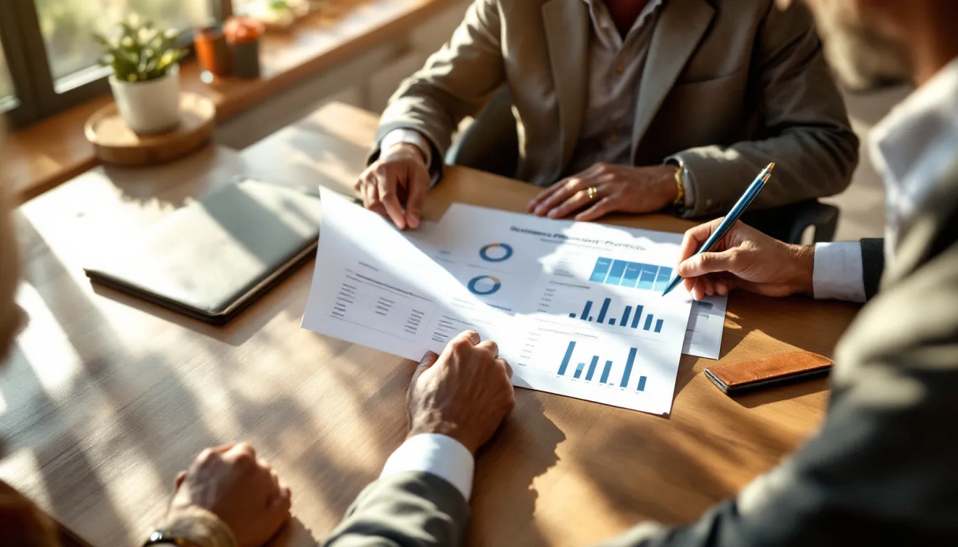 Two financial professionals review retirement planning documents with charts and graphs on a desk