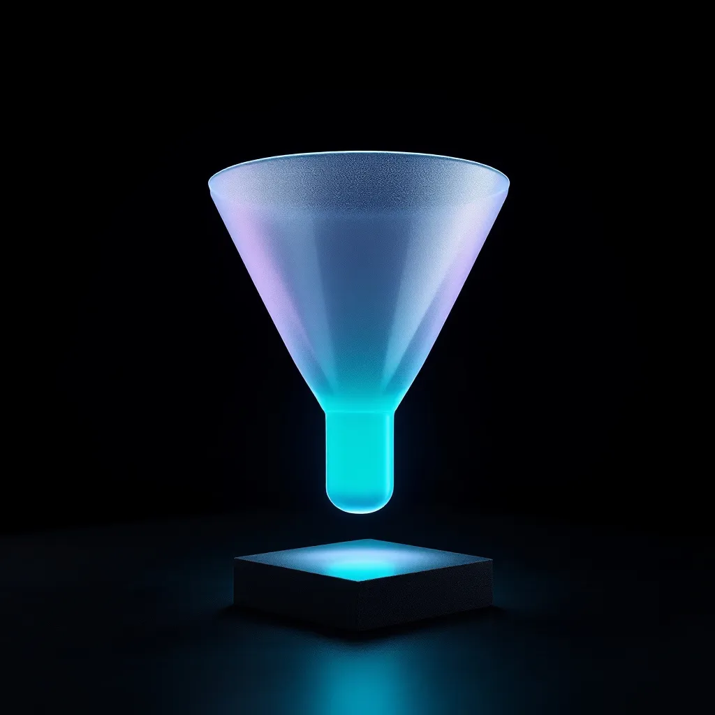 A glowing funnel shape in blue and cyan tones hovers above a illuminated platform against a black background