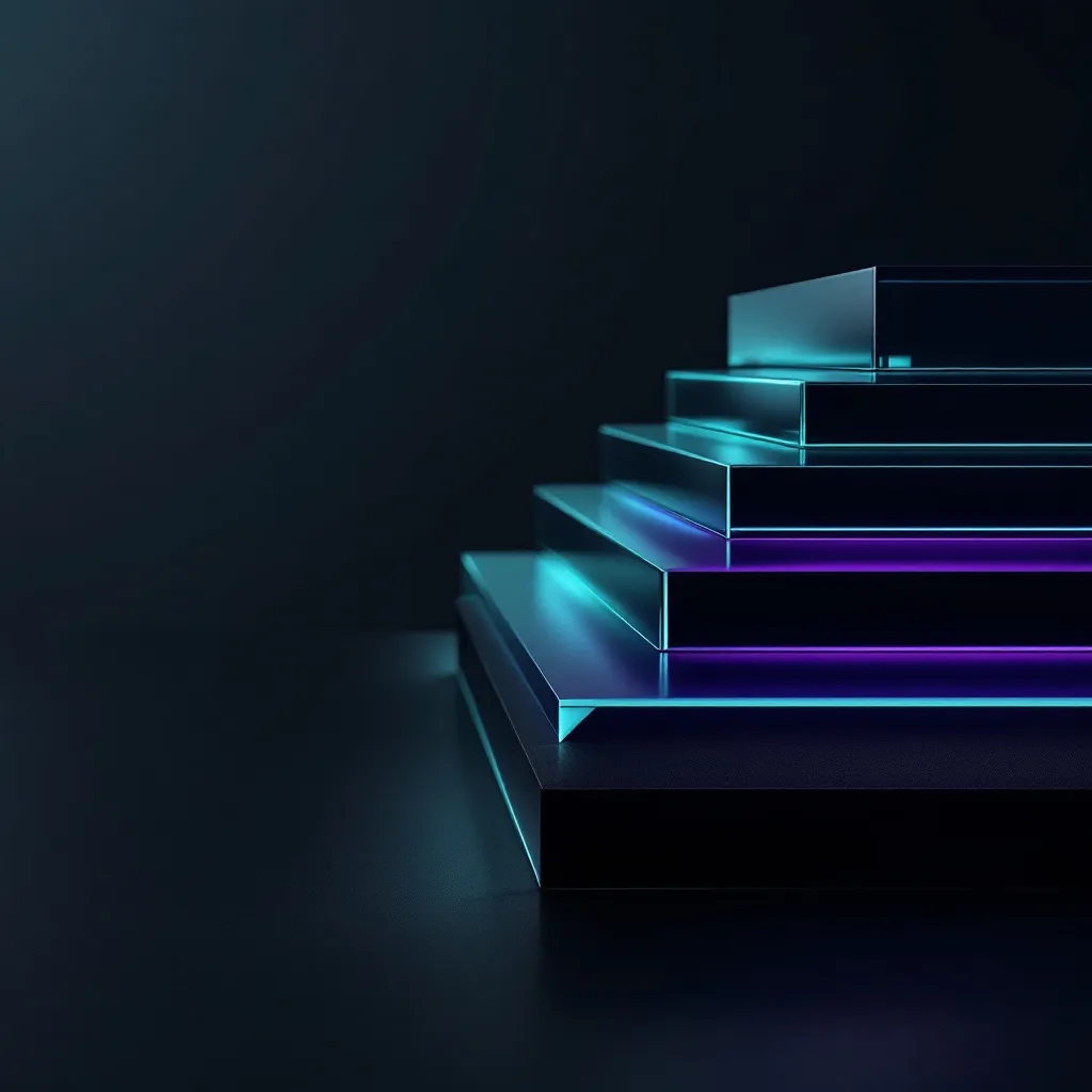 Stacked glass layers with glowing cyan and purple neon edges arranged in a diagonal composition against a dark background