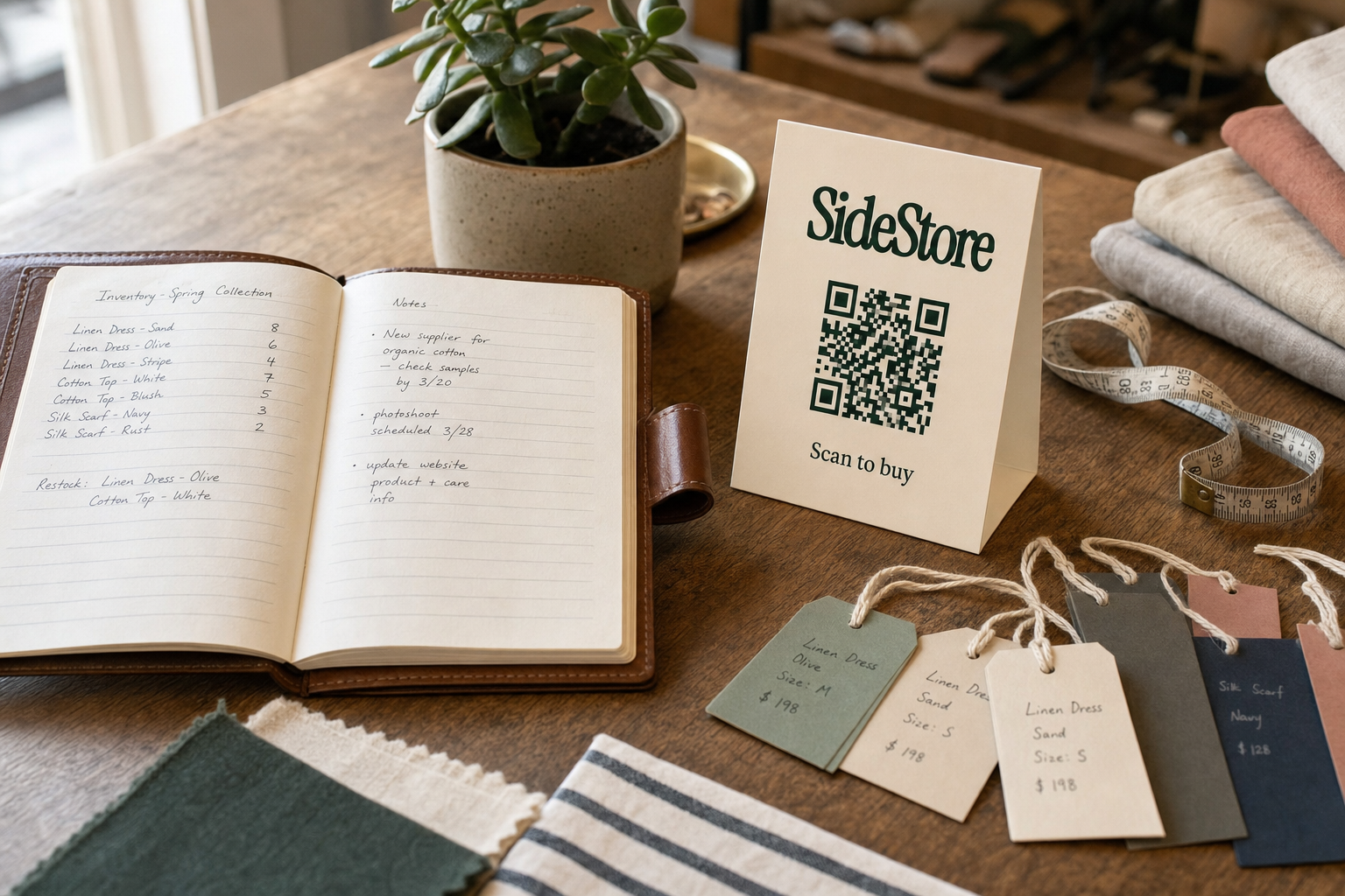 A wooden desk displays an open notebook with handwritten inventory notes, a QR code card labeled 