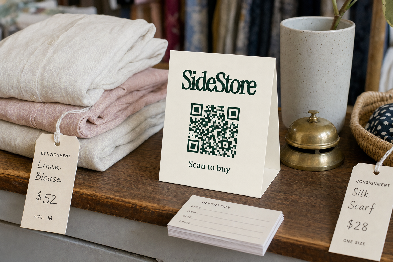 A consignment store display shows folded linens with price tags, a QR code sign reading 