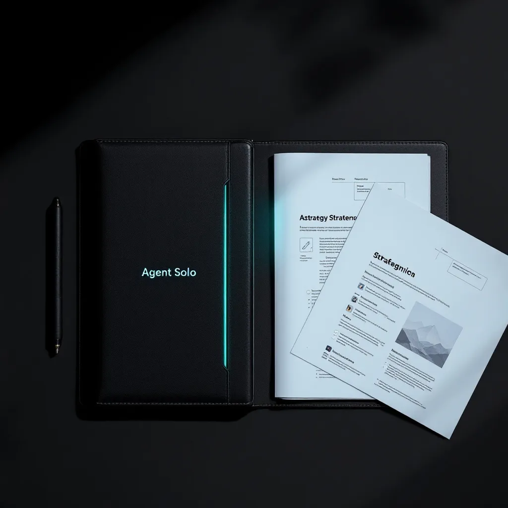 A black notebook labeled Agent Solo lies open next to a pen, displaying printed strategy documents with diagrams and text
