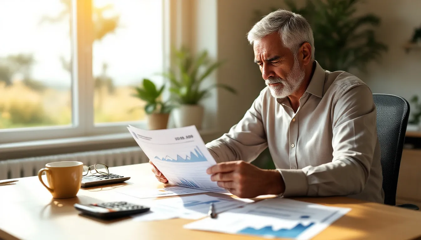 A man with gray hair and beard sits at a desk reviewing financial documents with charts and graphs, with a yellow mug and calculator nearby