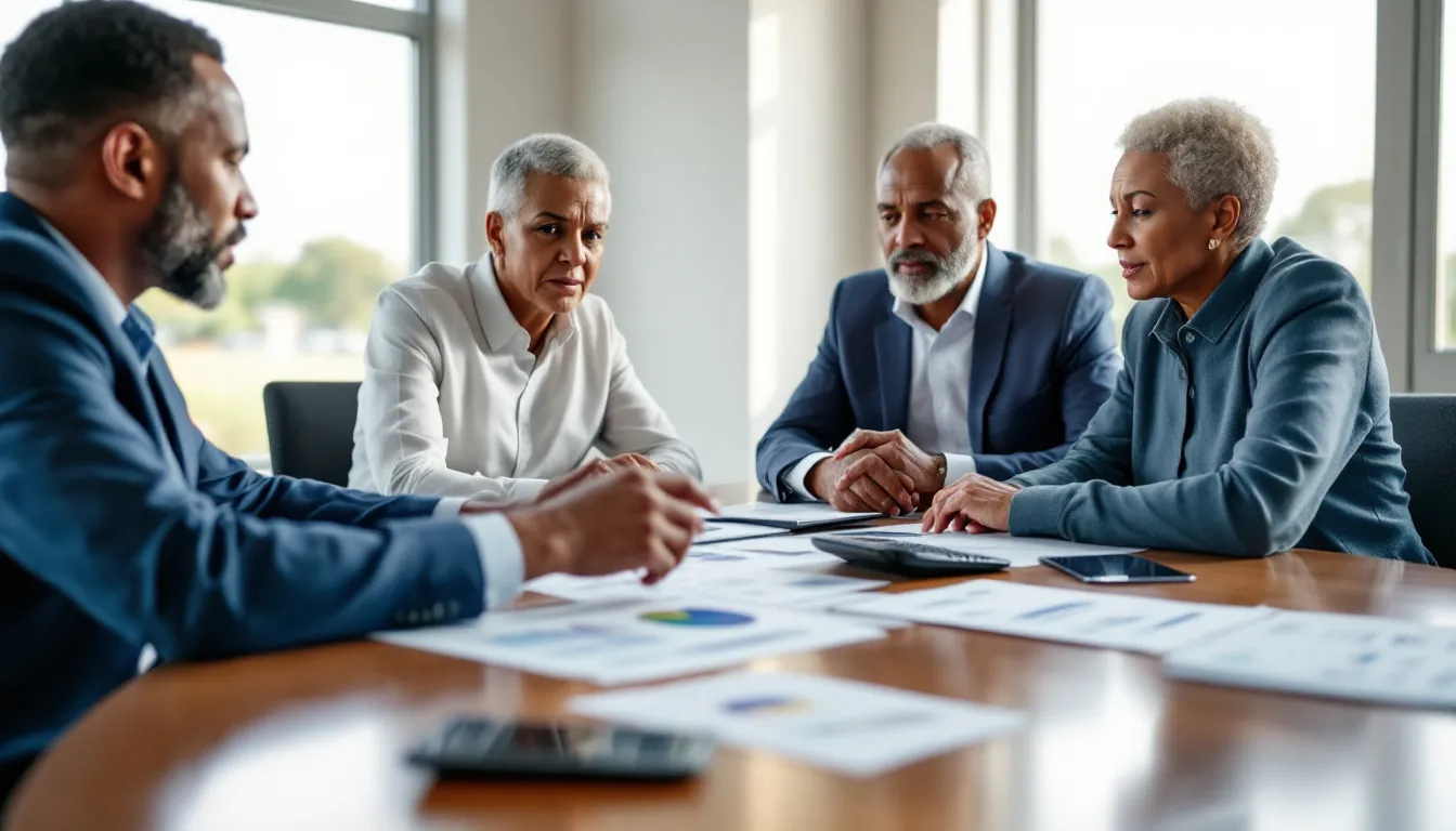 Four business professionals in formal attire sit around a wooden table with financial documents and charts spread across it, discussing in a
