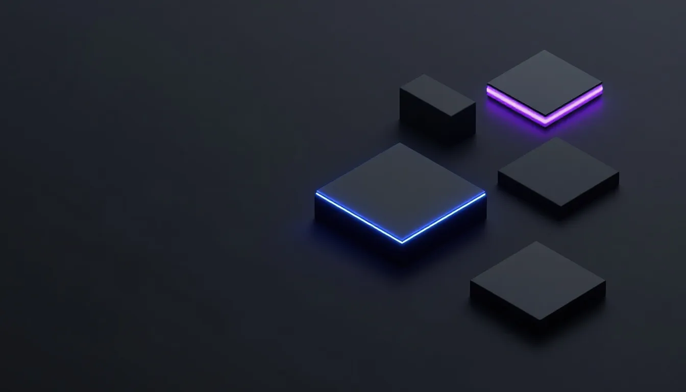 Five dark geometric blocks arranged on a dark surface, with one larger block featuring a glowing blue edge