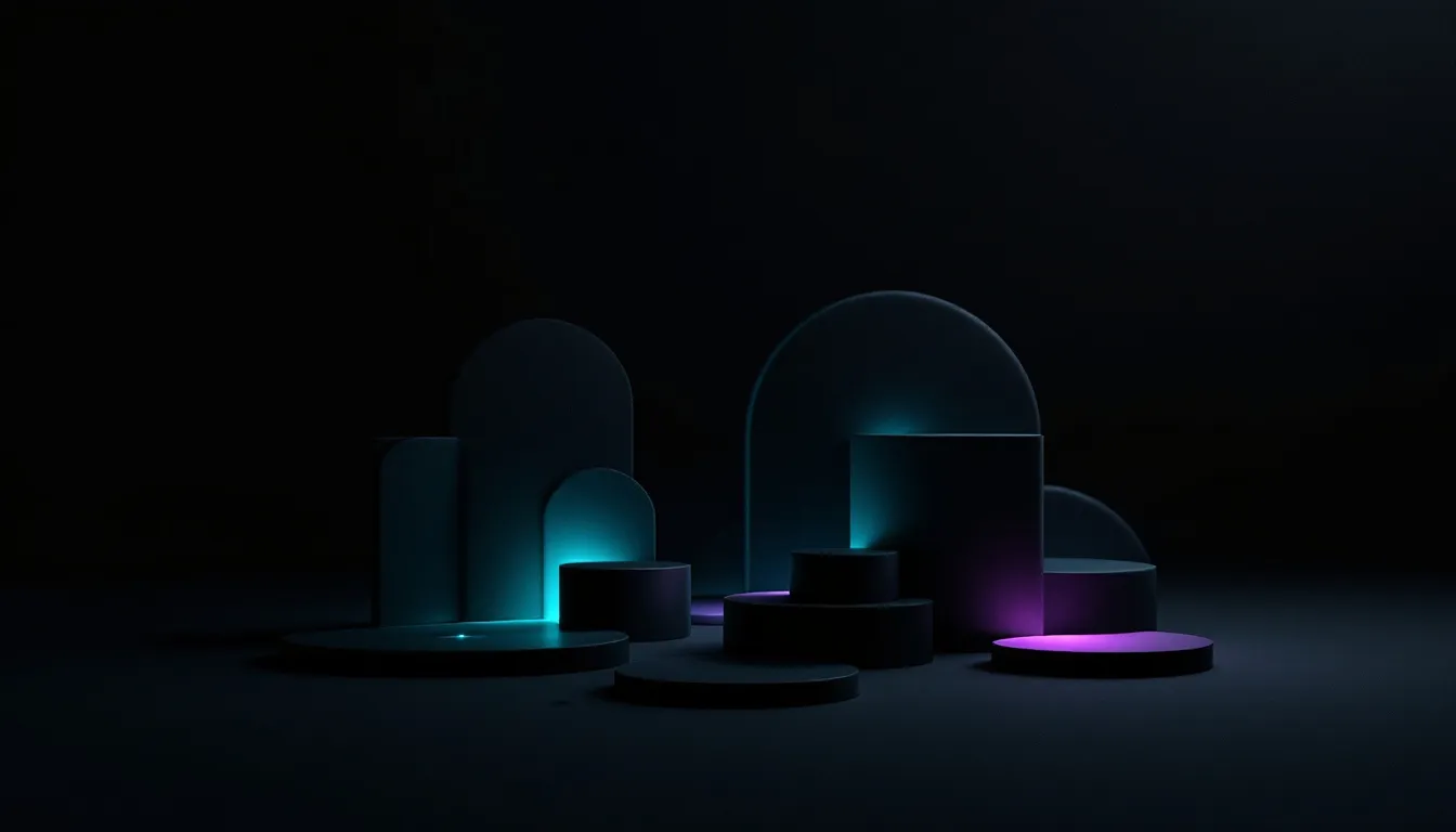 Abstract 3D display with geometric shapes including cylinders, arches, and platforms illuminated by cyan and magenta lights