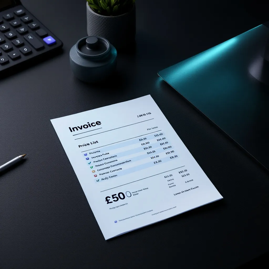 A printed invoice document displaying a price list with itemized services and a total of £5000, placed on a dark desk next to a keyboard, sm
