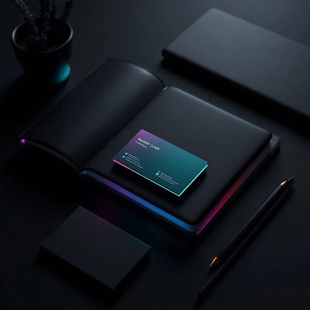 A business card with a gradient purple and teal design sits on a dark notebook, surrounded by other black stationery items and a small potte