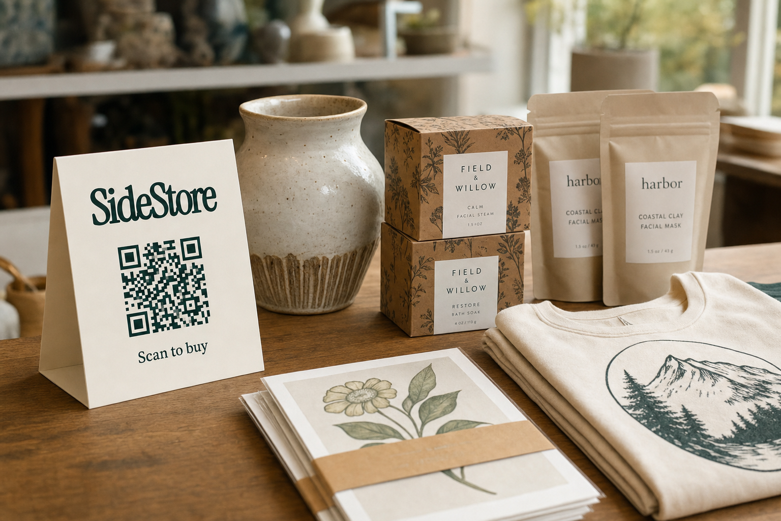 A wooden table displays a SideStore QR code sign, ceramic vase, Field & Willow product boxes, harbor facial mask pouches, folded cream-color