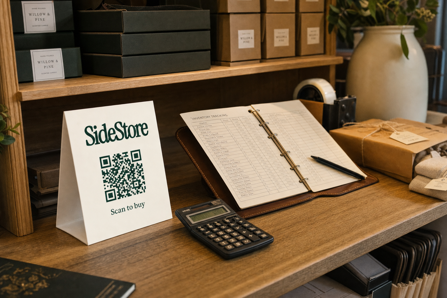 A wooden desk displays a SideStore QR code sign, an open inventory tracking binder with a pen, a black calculator, packaged items, and offic