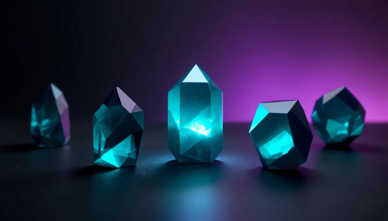 Five glowing geometric crystals with cyan and turquoise light against a dark surface with a purple gradient background