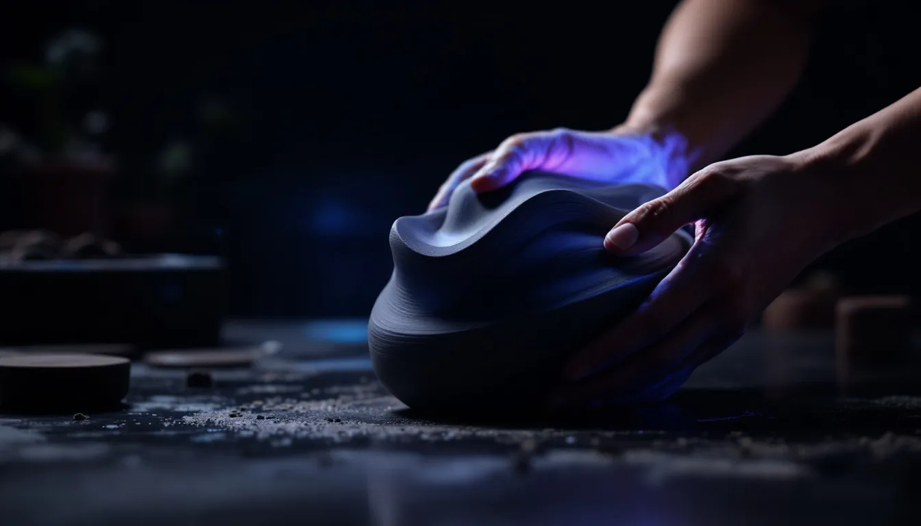 Hands holding a glowing blue and purple curved object against a dark surface
