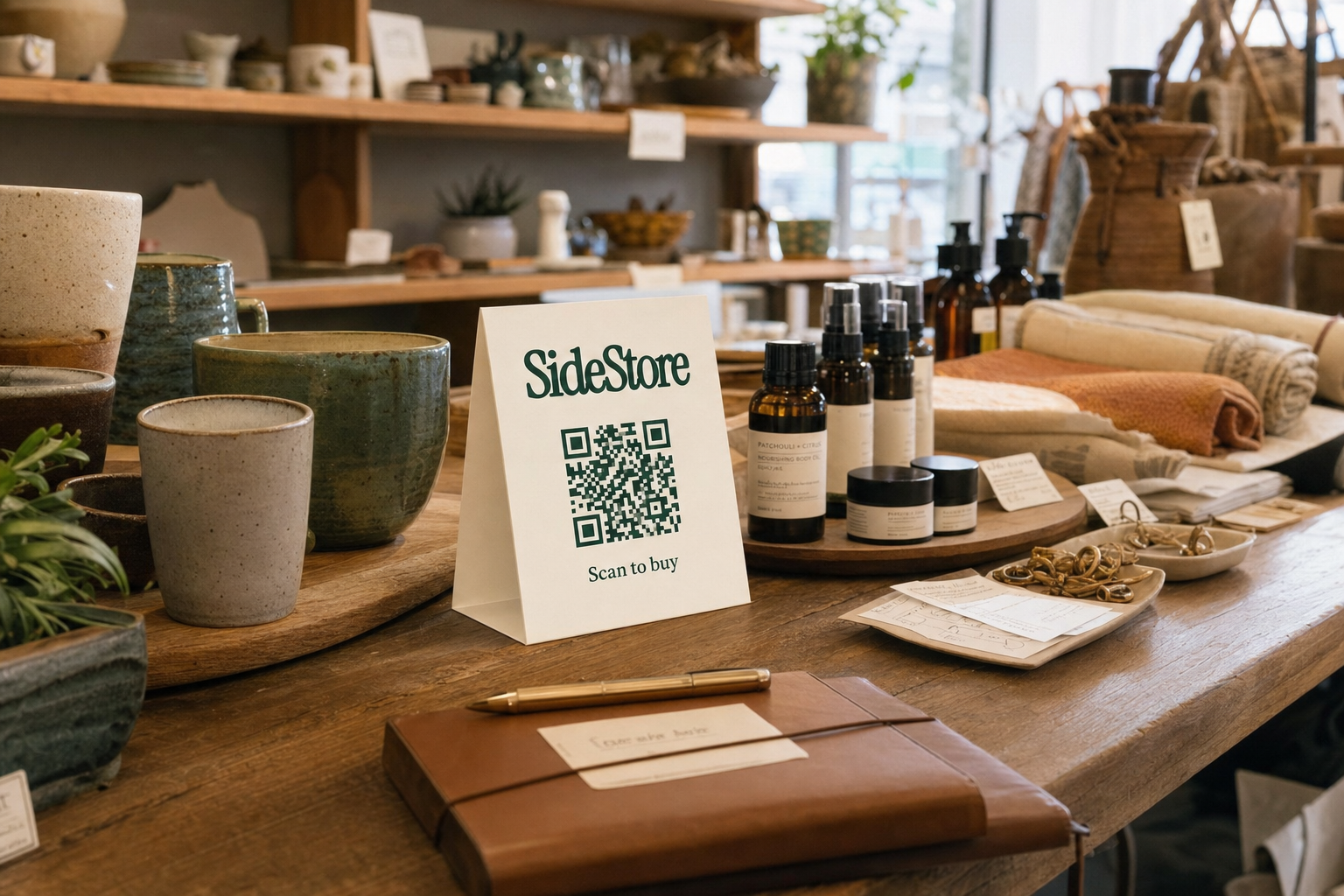 Boutique inventory display with SideStore tent card on wooden counter among artisanal products