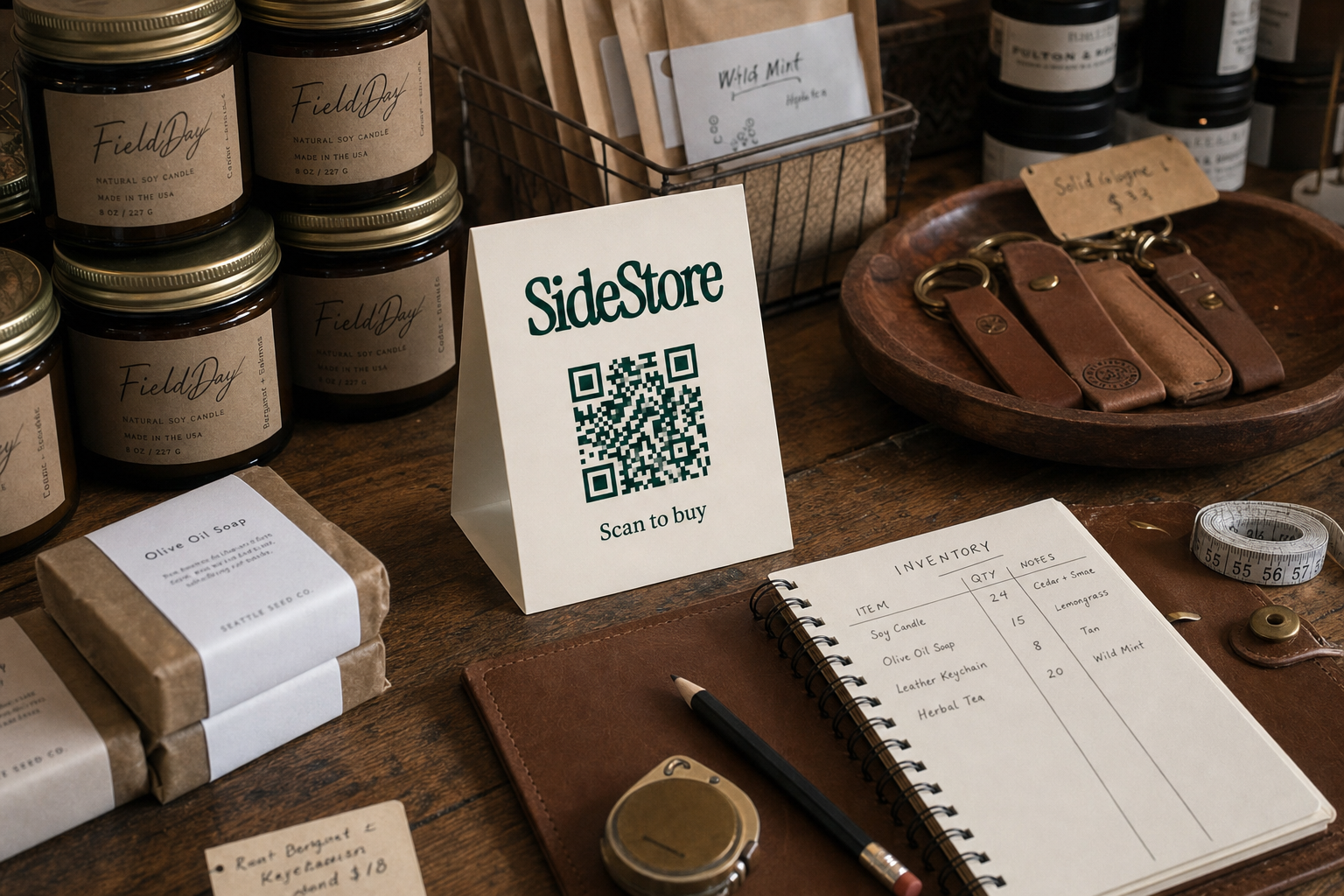 Boutique inventory tracking arrangement with SideStore tent card and organized merchandise on wooden table