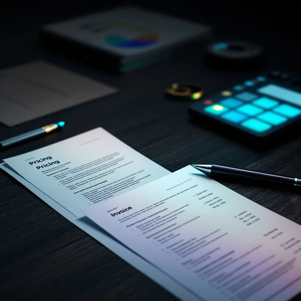 Printed pricing documents and invoices on a desk with pen and keyboard