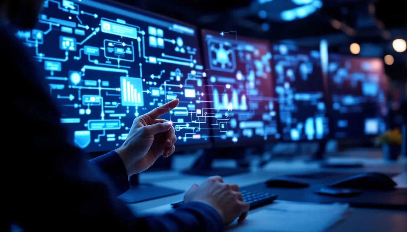 Professional workspace showing AI automation workflow diagram with interconnected data streams across multiple monitors