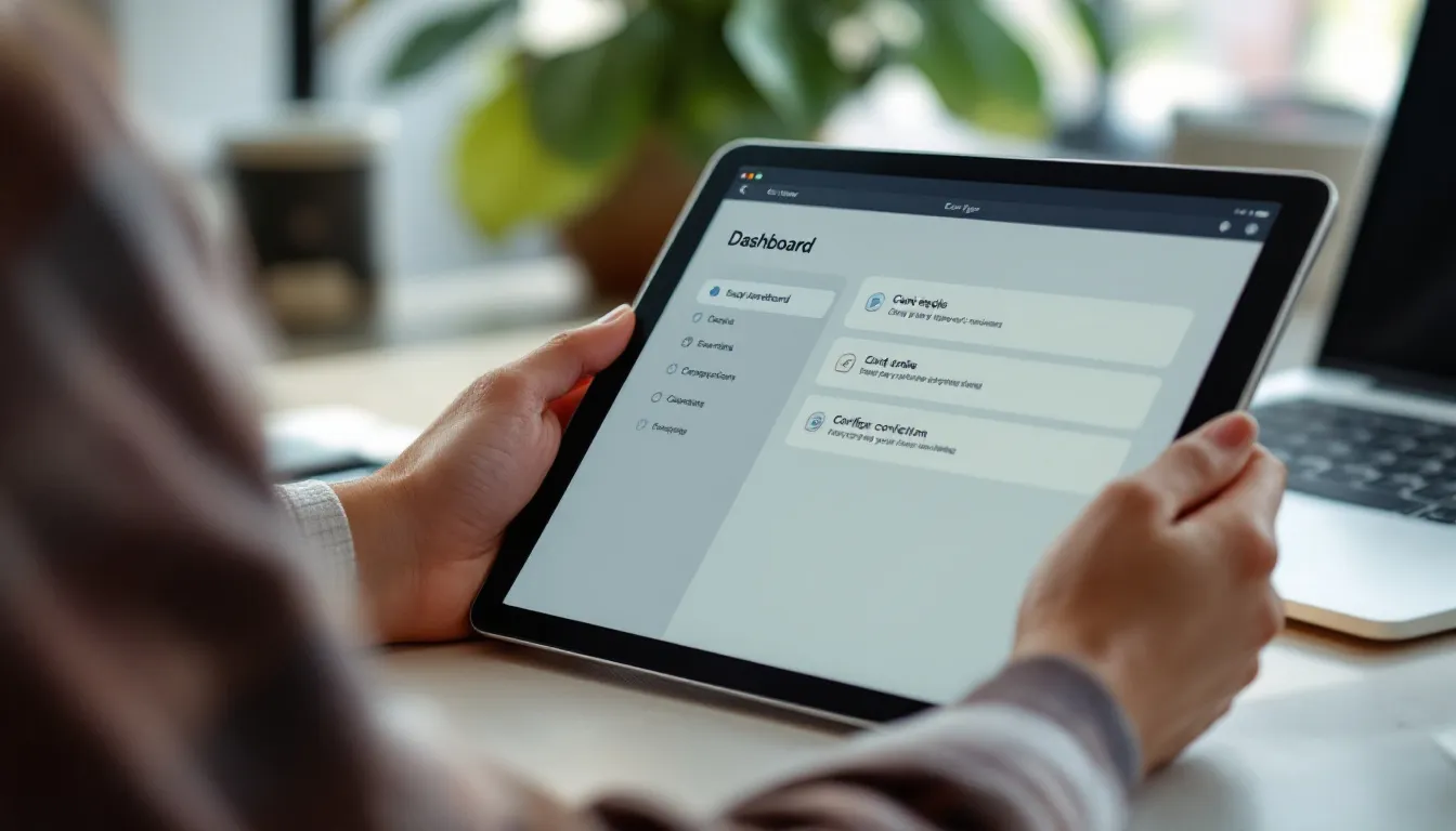 Person holding tablet with AI automation setup dashboard in a contemporary workspace setting