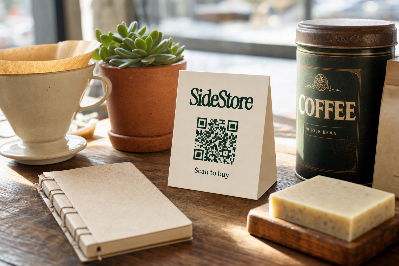 A wooden desk displays a cream-colored coffee cup with saucer, a small succulent plant in a terracotta pot, a SideStore branded tent card wi
