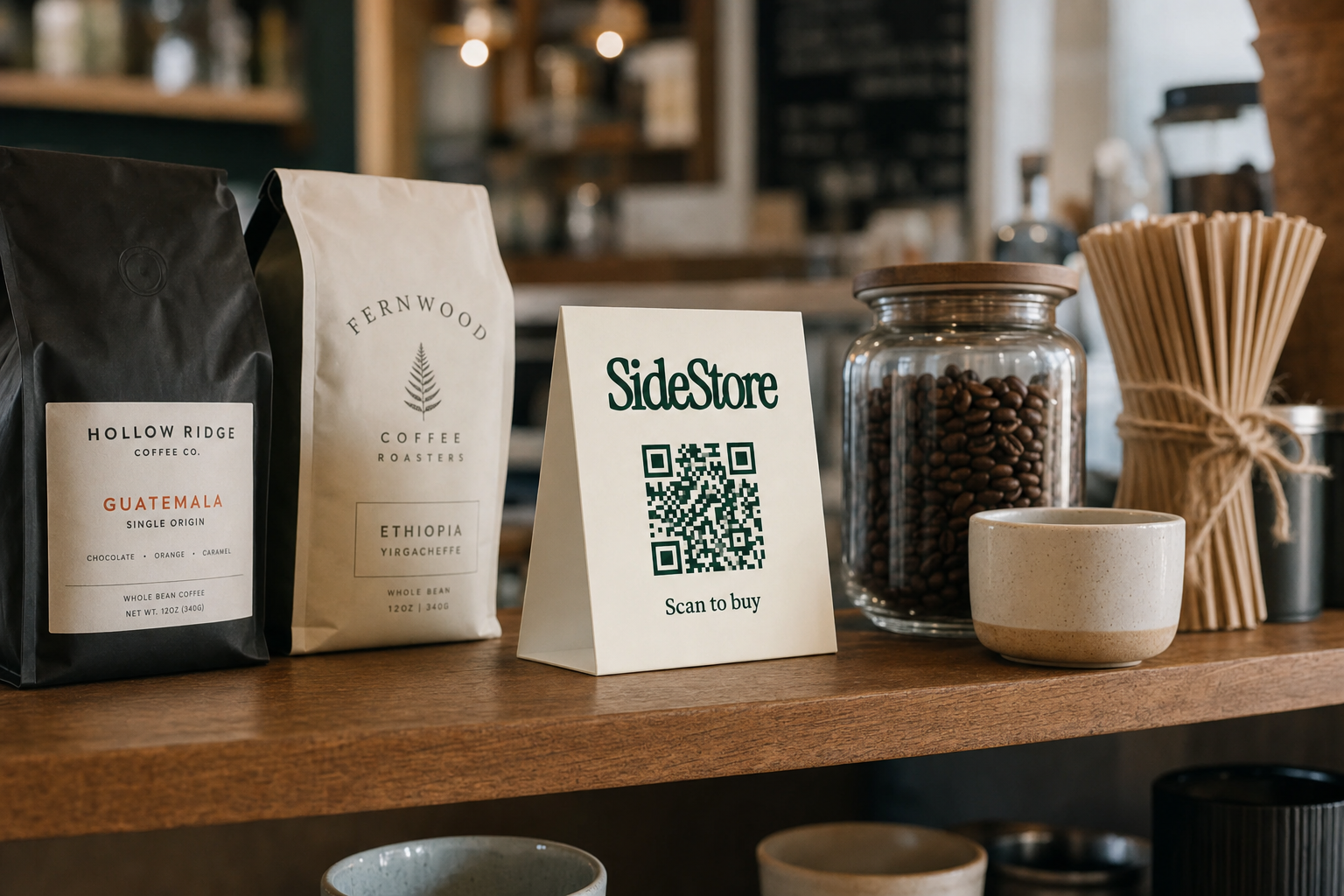 Coffee bags and retail items displayed on a wooden counter in a café, including Hollow Ridge Guatemala coffee, Fernwood Ethiopia coffee, a S