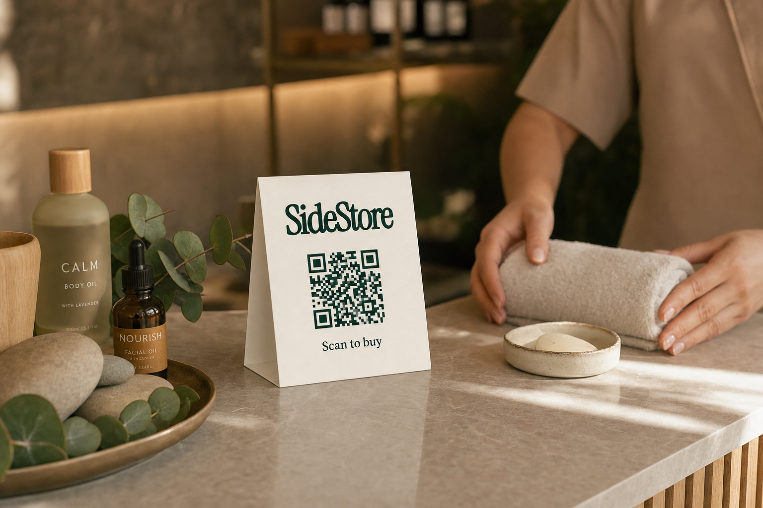 A retail display counter shows a white tent card printed with 