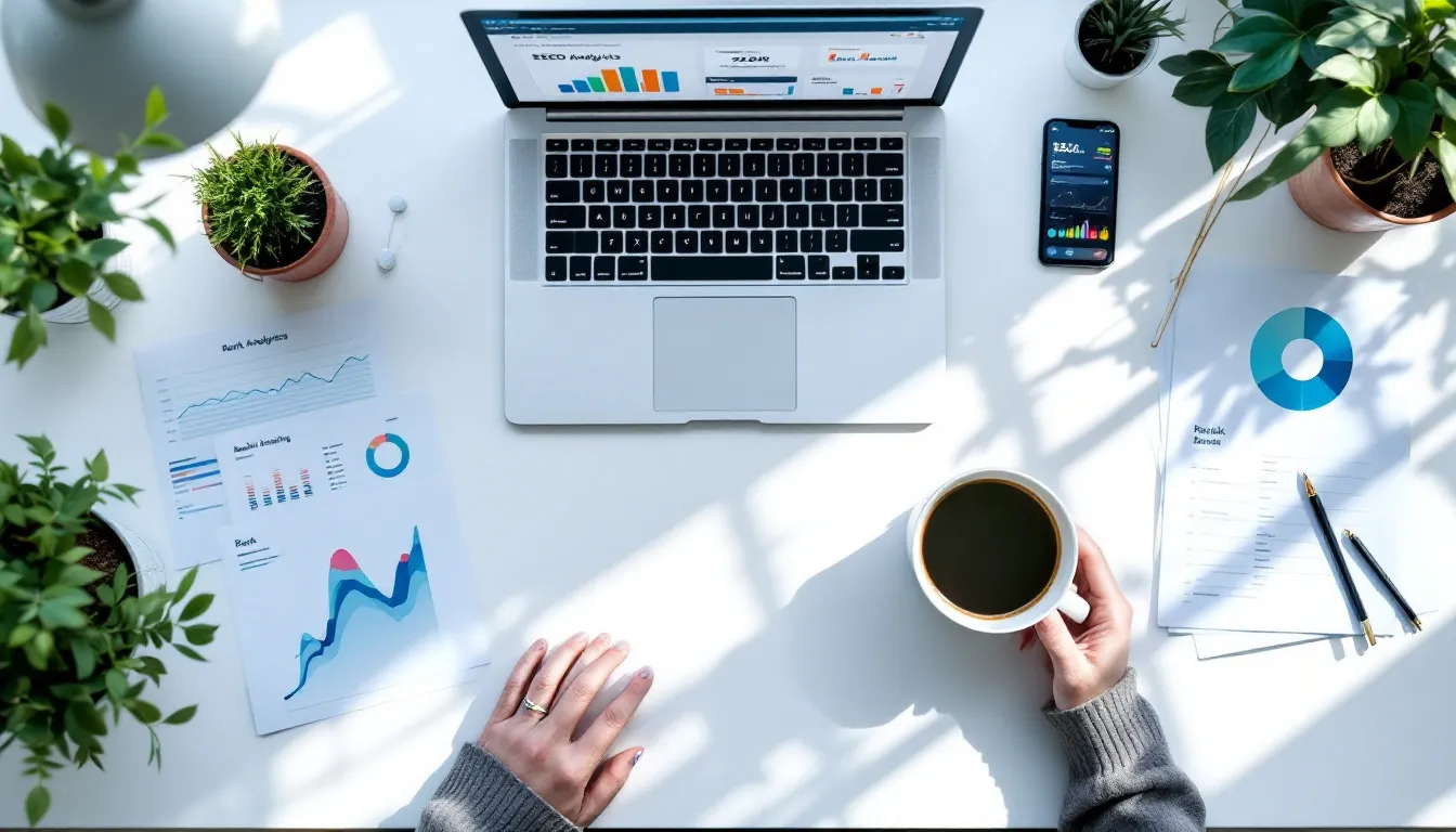 Desktop workspace with SEO analytics tools including laptop, smartphone, charts, and research papers arranged on a desk