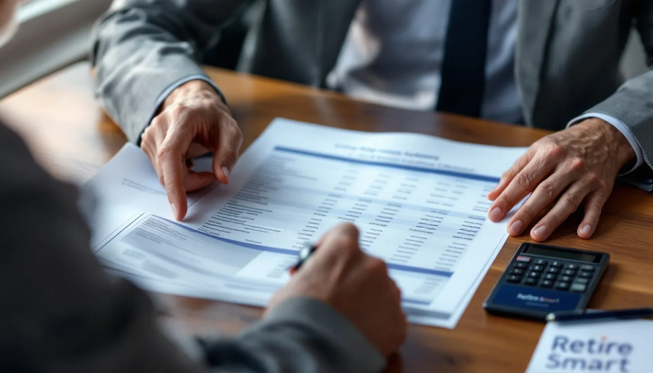 Two people review financial documents with data tables at a wooden desk, with a calculator nearby.