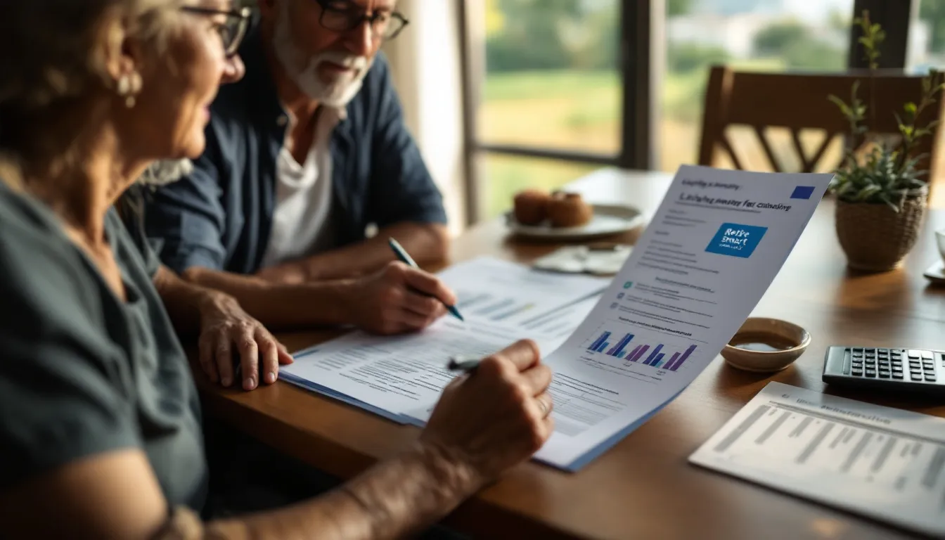 Two people review financial documents with charts and graphs at a table near a window overlooking green fields.