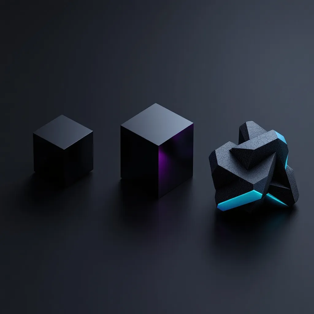 Three geometric 3D objects on a dark surface: two solid black cubes with gray tops on the left, and an abstract angular shape with gray and purple surfaces