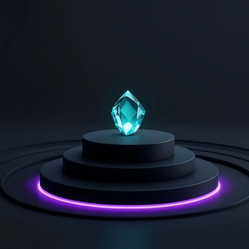 A glowing turquoise gemstone sits atop a tiered black circular platform with purple neon lighting around its base against a dark background