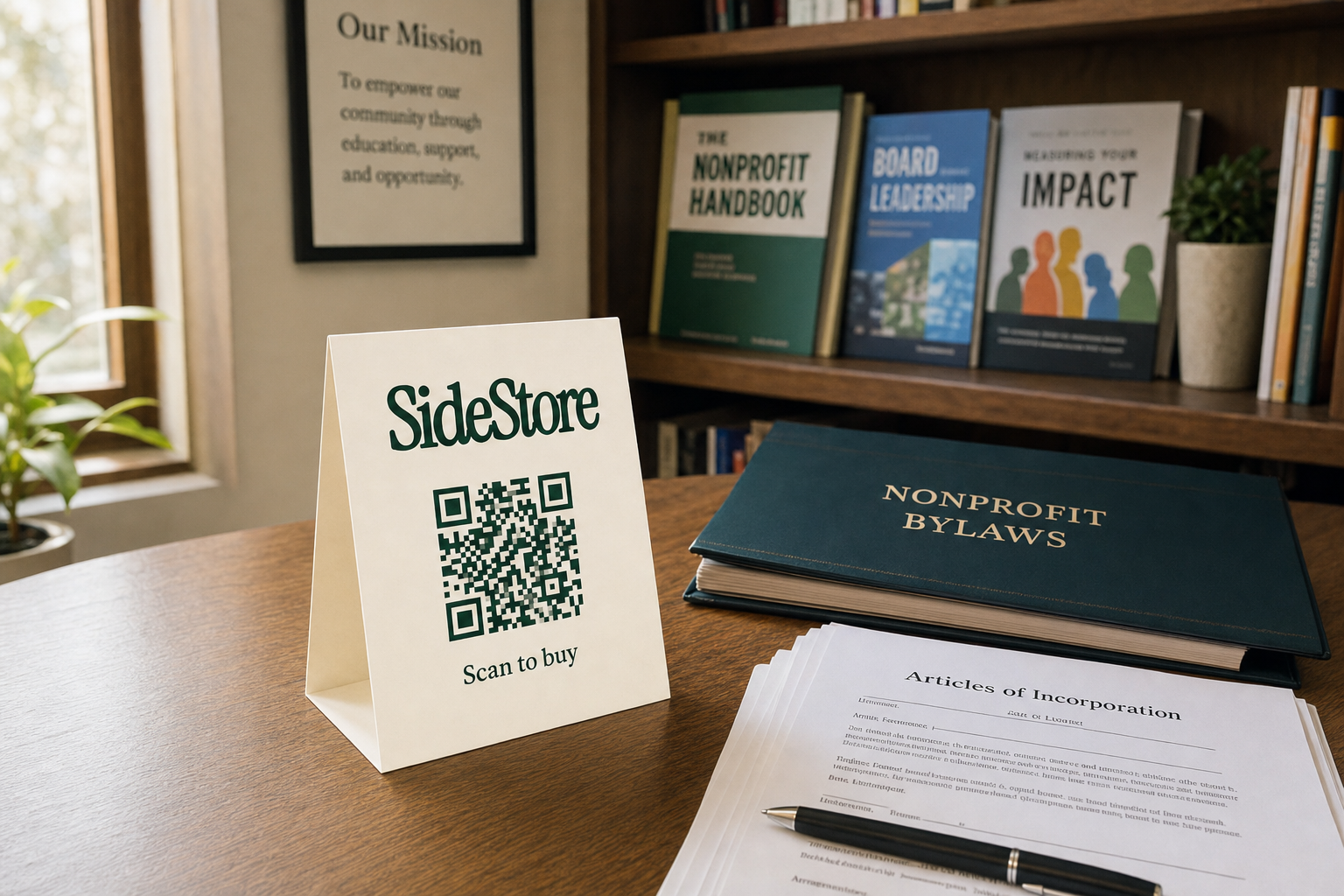 A wooden desk in a nonprofit office displays a SideStore tent card with a QR code, nonprofit bylaws book, and Articles of Incorporation docu