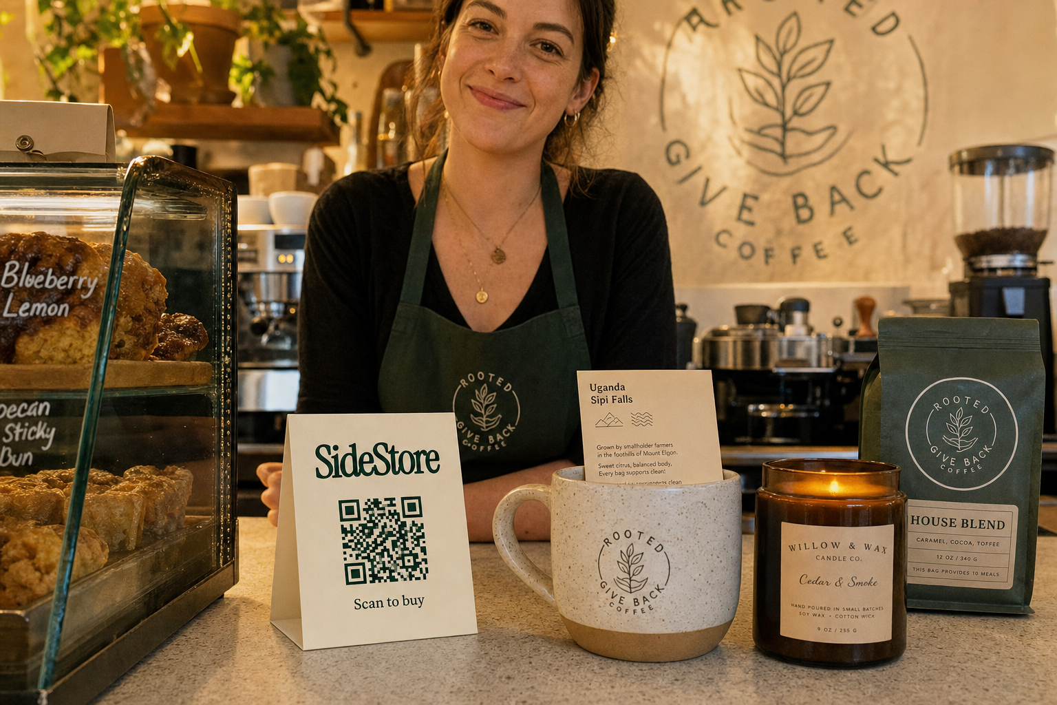 A person wearing a green apron stands behind a coffee shop counter displaying baked goods, a mug with a leaf logo, coffee bags, a candle, an