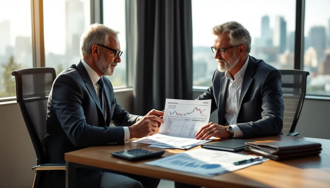 Two men in business attire sit at a wooden table reviewing financial charts and documents in a high-rise office with a city skyline visible