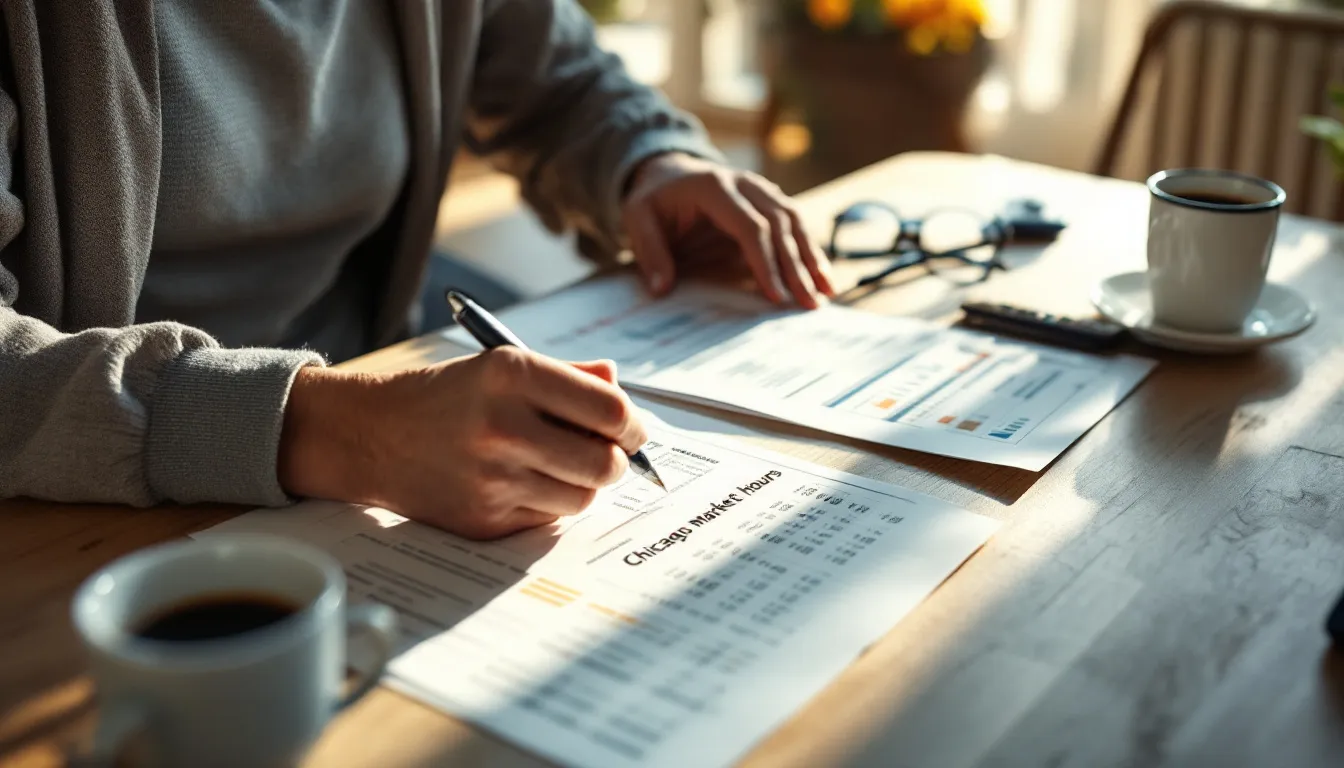 A person in a gray sweater writes on financial documents at a table with coffee cups, glasses, and charts in sunlit indoor setting