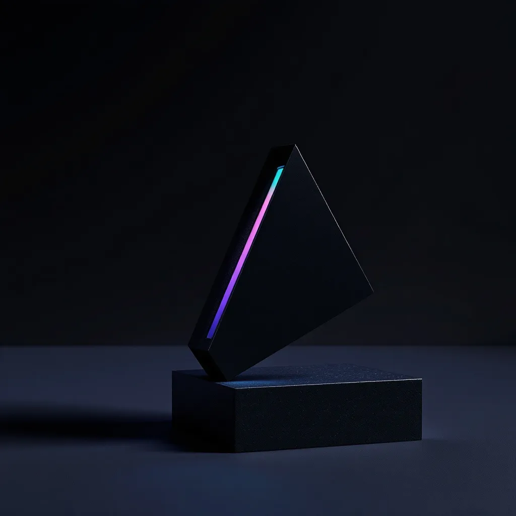 A black geometric trophy with a neon gradient stripe glowing cyan to magenta sits on a rectangular base against a dark background