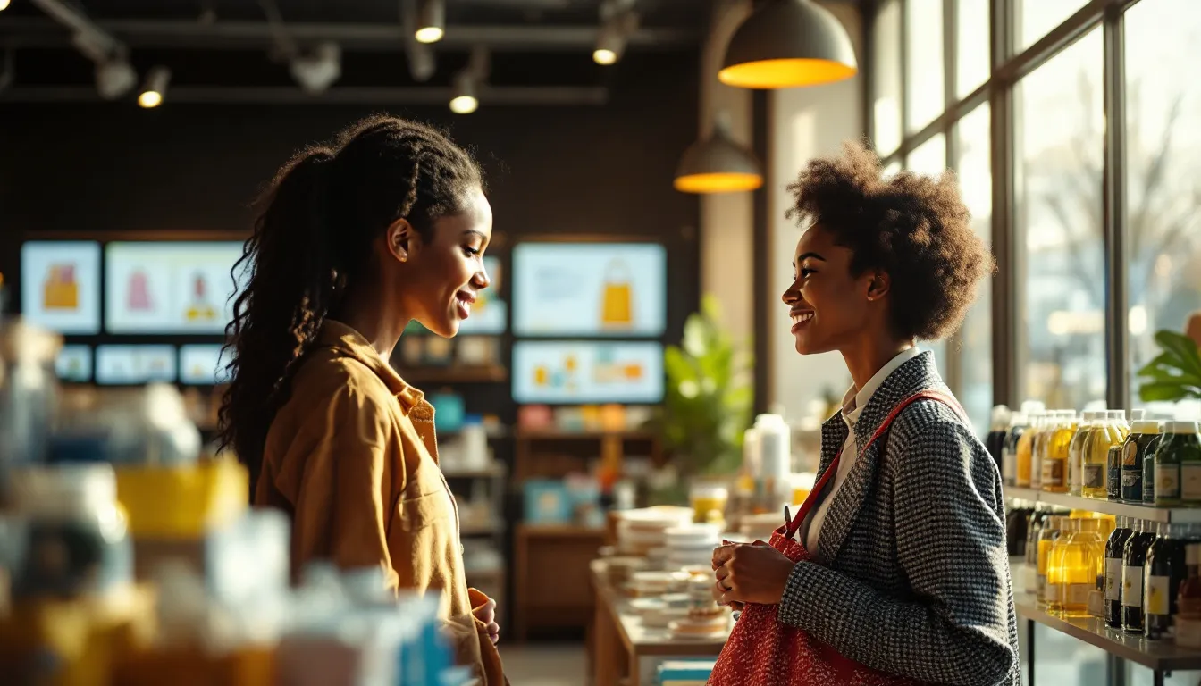 Two women having a conversation in a modern retail store with product displays, shelving with bottles, and digital screens in the background