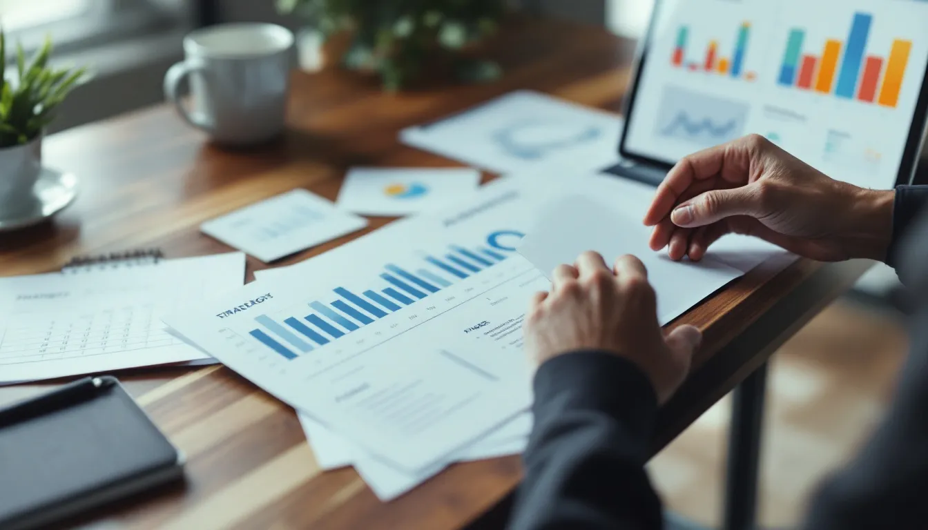 A person's hands point to printed financial charts and bar graphs spread across a wooden desk, with a laptop displaying colorful data visual