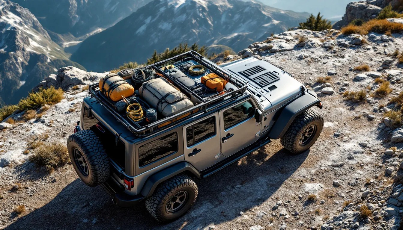 A silver Jeep JK with a roof rack loaded with camping gear including tanks, ropes, and yellow equipment sits on a rocky mountain overlook with pine trees in the distance
