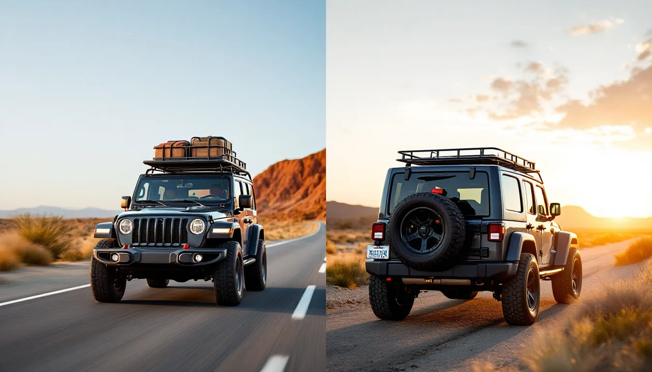 Two Jeep Wranglers equipped with roof racks and cargo carriers driving through a desert landscape at sunset, one shown from the front on a packed trail