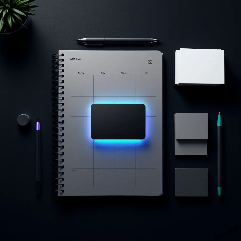 A workspace on a dark surface featuring a spiral-bound planner with a glowing blue rectangle, black pen, white notepad, and other planning materials