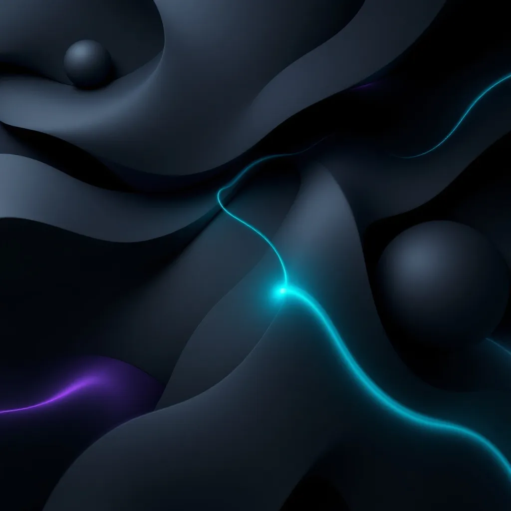 Abstract dark 3D shapes with glowing cyan and purple neon lines and geometric spheres