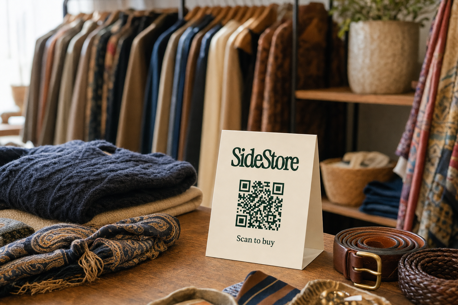 SideStore tent card standing on a boutique clothing consignment counter next to folded garments and accessories