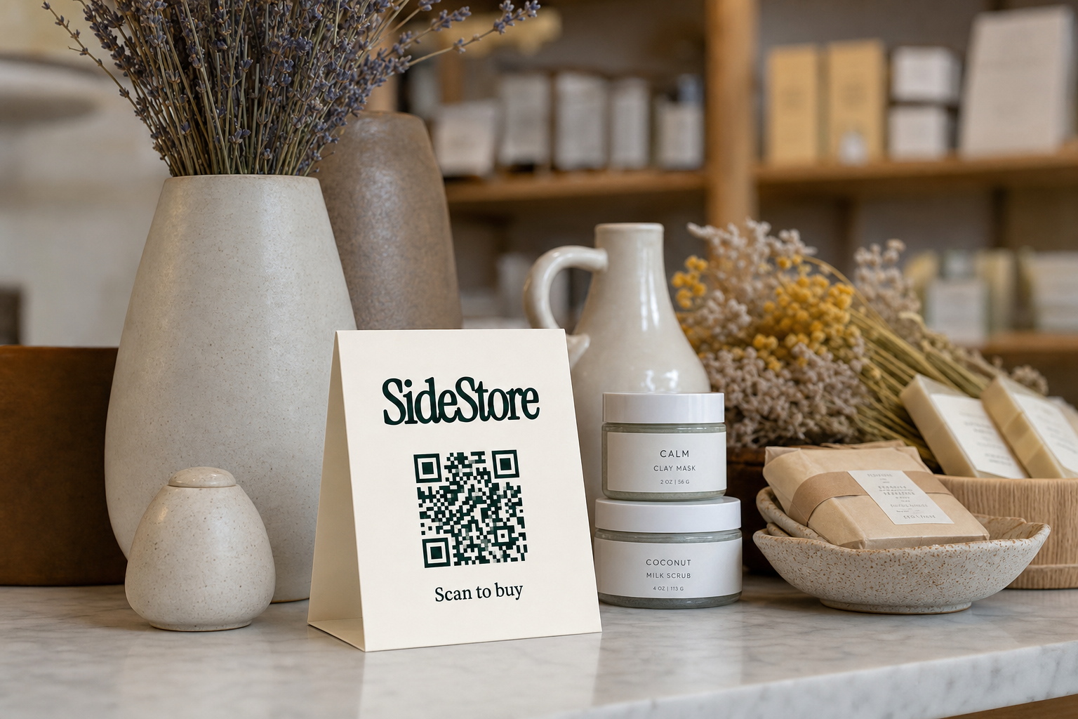 SideStore tent card displayed on a spa reception counter surrounded by local artisan wellness and beauty products