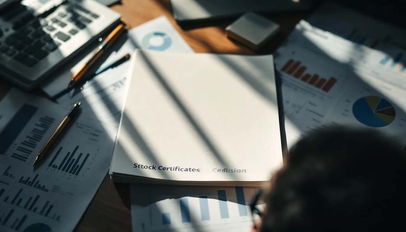 Overhead view of a concentrated portfolio represented by a dominant stack of papers with smaller financial documents scattered around, illustrating unbalanced investment risk