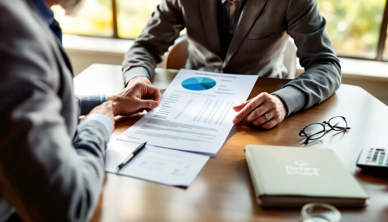 Two people in business attire review financial documents with a blue pie chart at a wooden table, with glasses and a notebook nearby